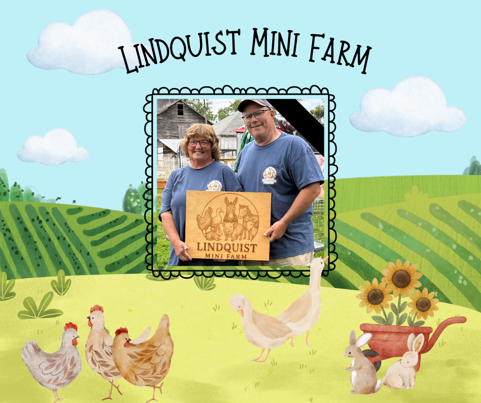 A couple stands proudly with a sign for "Lindquist Mini Farm," featuring a farm-themed background with animals and plants.
