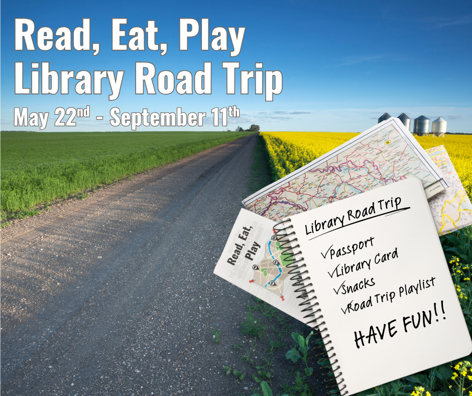 A promotion for a Library Road Trip from May 22 to September 11, encouraging reading, eating, and playing.