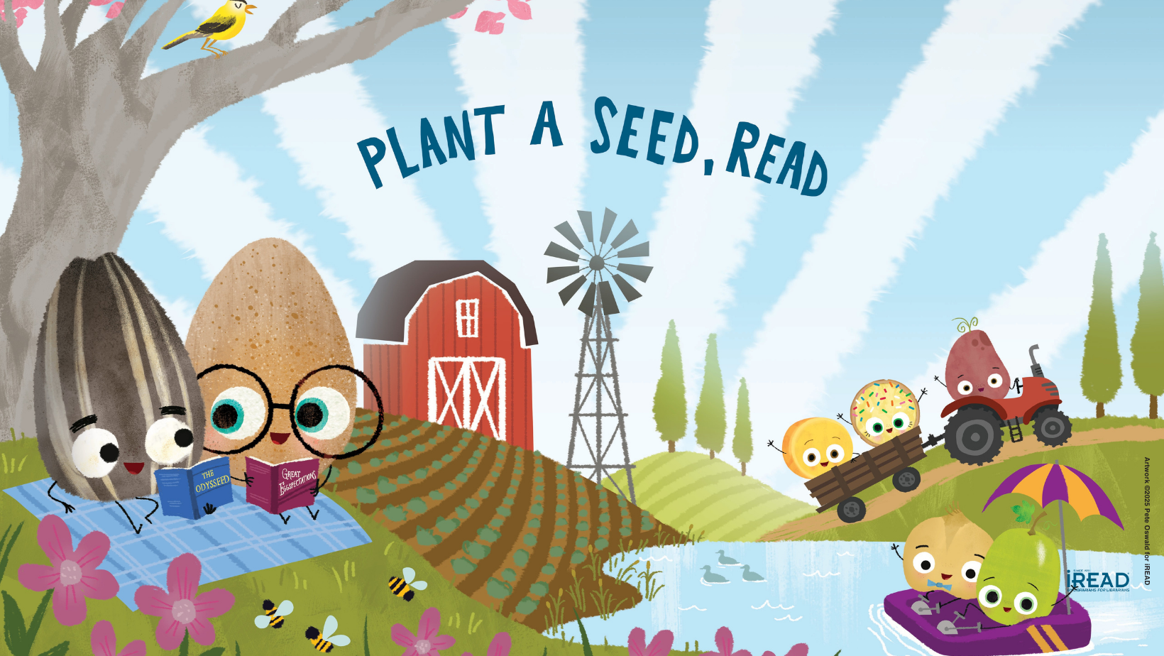 A colorful illustration promoting reading, featuring animated seeds and fruits, with the message "Plant a seed, read."