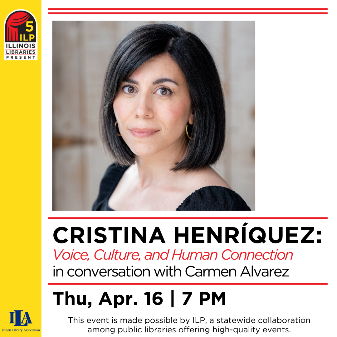 The image promotes an event featuring Cristina Henríguez discussing "Voice, Culture, and Human Connection" with Carmen Alvarez on April 16.