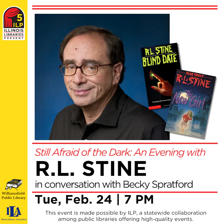 An event featuring R.L. Stine in conversation with Becky Spratford, discussing his works. Date: Feb. 24 at 7 PM.