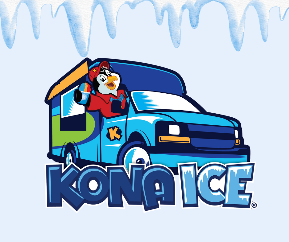 The image features a colorful ice truck with a cartoon penguin mascot, representing the Kona Ice brand.