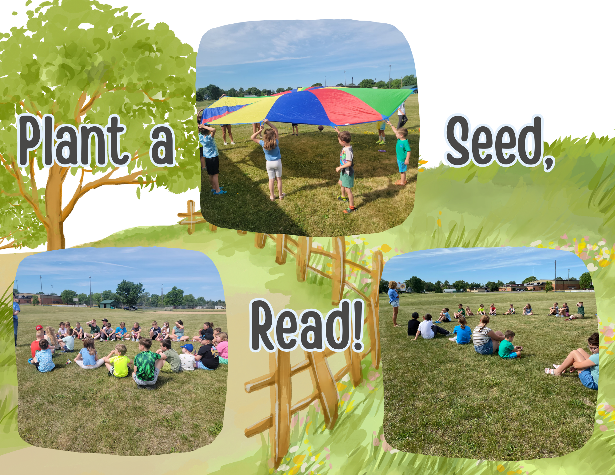 A fun outdoor event with kids engaging in activities under a colorful parachute, promoting reading and learning.