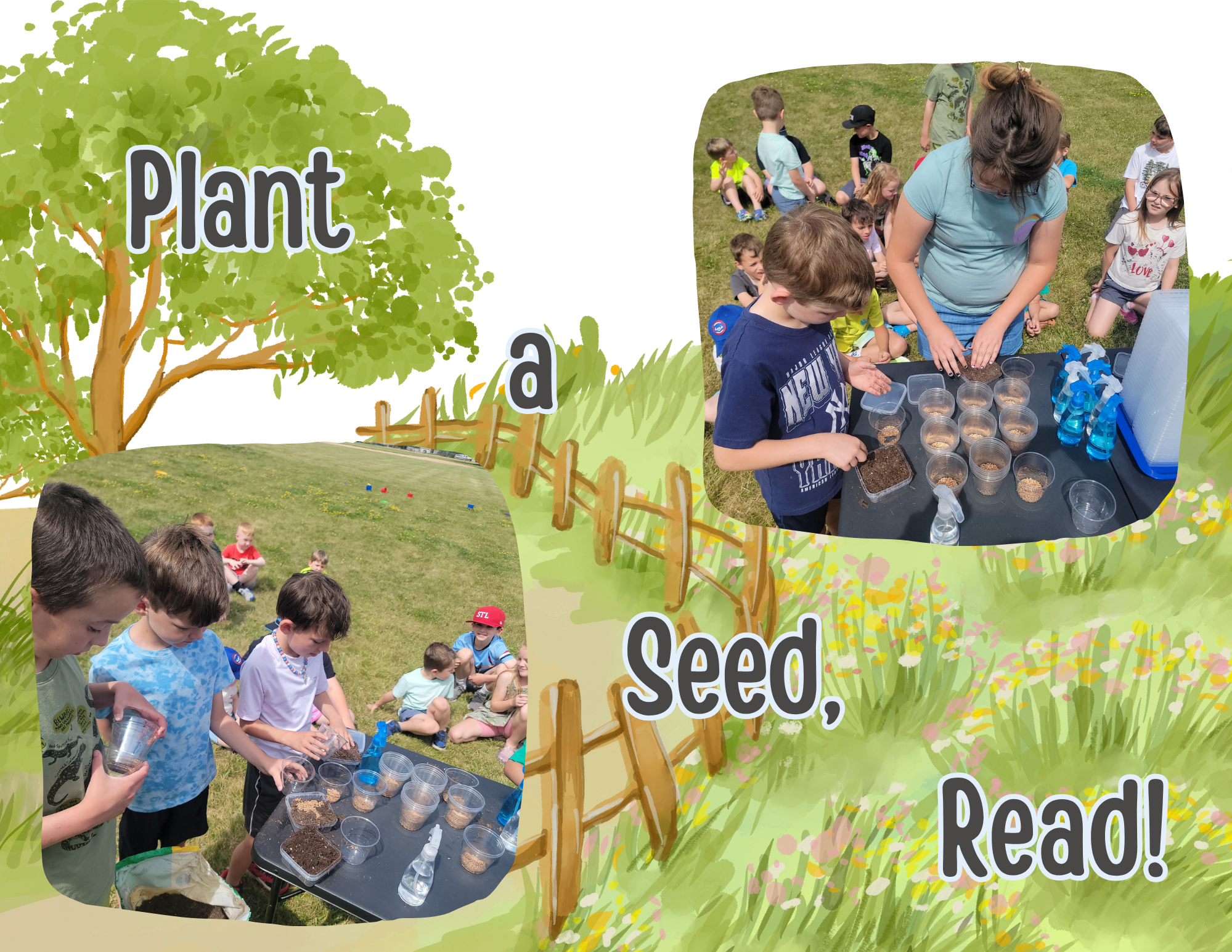 A group of kids outdoors planting seeds in cups, engaging in a hands-on activity that promotes learning and growth.
