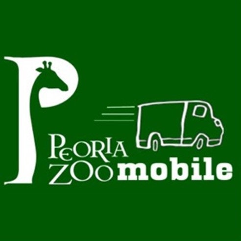 A logo for "Peoria Zoomobile" with a graphic of a giraffe in the letter "P" and a stylized van.
