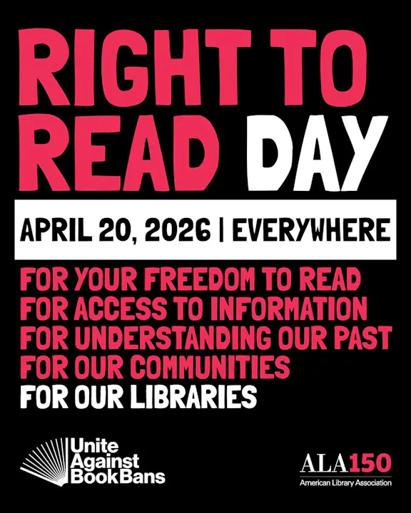 The image promotes "Right to Read Day" on April 20, 2026, advocating for freedom to read and access to information and libraries.
