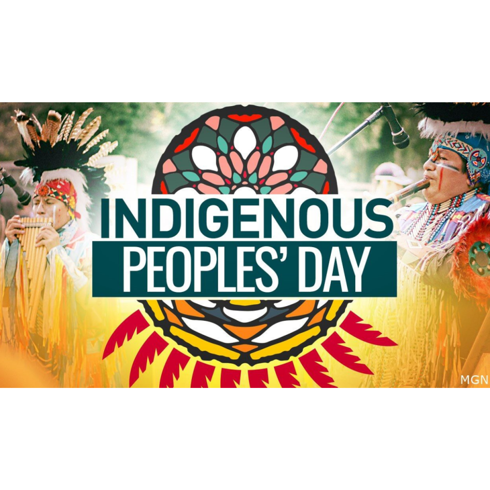 Text "Indigenous Peoples' Day" with Indigenous imagery and people playing traditional instruments.