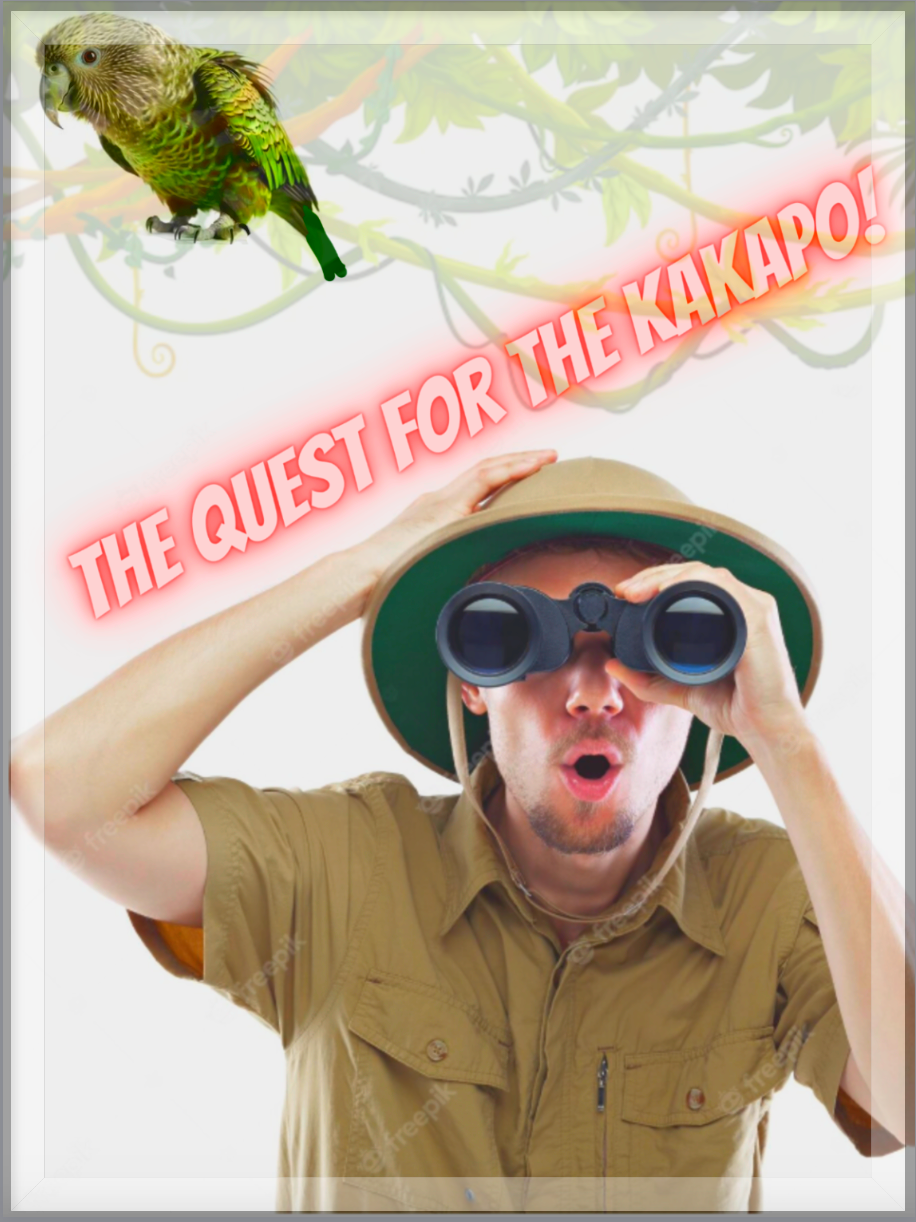A surprised explorer with binoculars and a graphic of a parrot with text "THE QUEST FOR THE KAKAPO!"