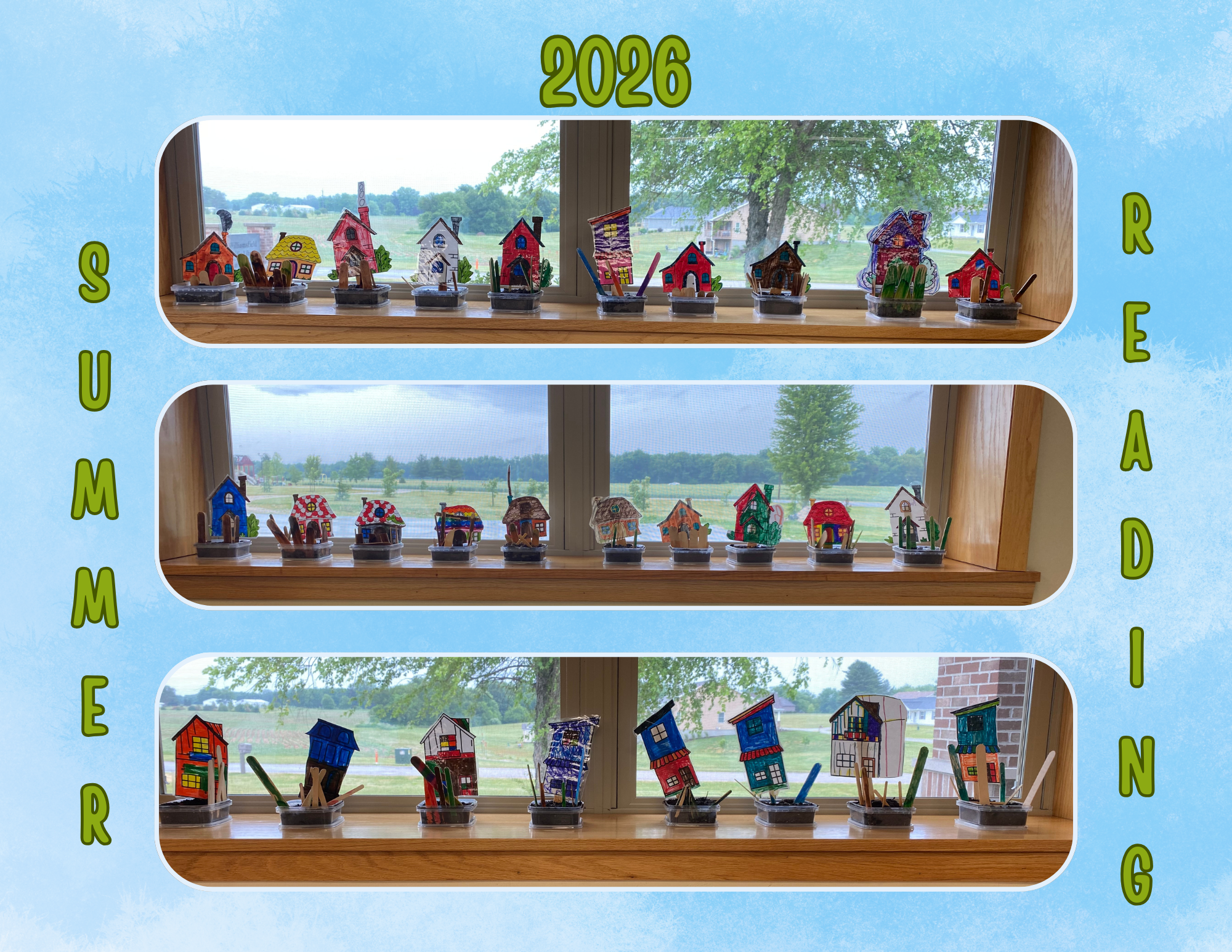 Colorful, handcrafted houses displayed in a window for a summer reading program in 2026.