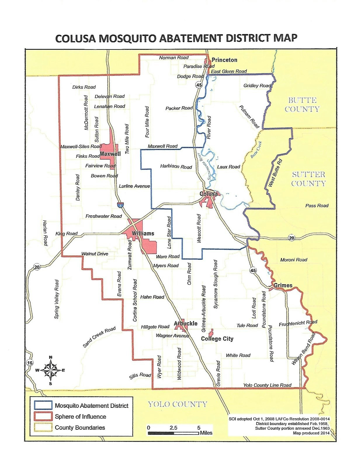 Colusa Mosquito Abatement District map showing boundaries, roads, and neighboring counties: Yolo, Sutter, and Butte.
