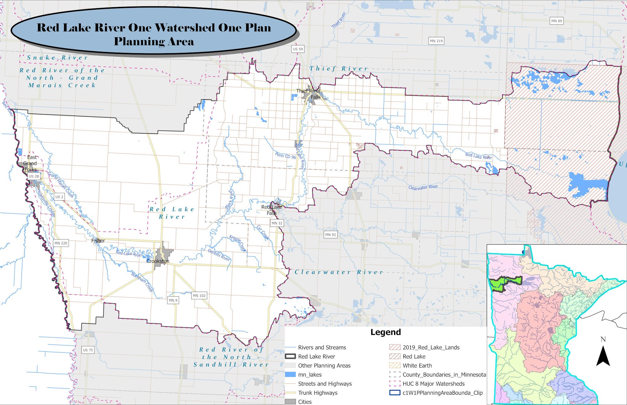 Map of the Red Lake River Watershed Planning Area, showing rivers, streams, cities, and boundaries . An inset map shows where the watershed is located in northwestern Minnesota.