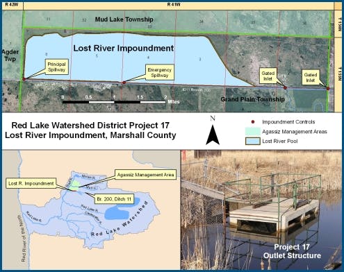 Map of Lost River Impoundment, Project 17 in Marshall County, with impoundment controls, management areas, and outlet structure.