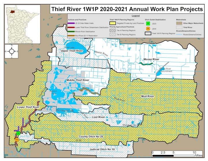 Map of Thief River watershed showing planning regions, rivers, and project areas for 2020-2021.