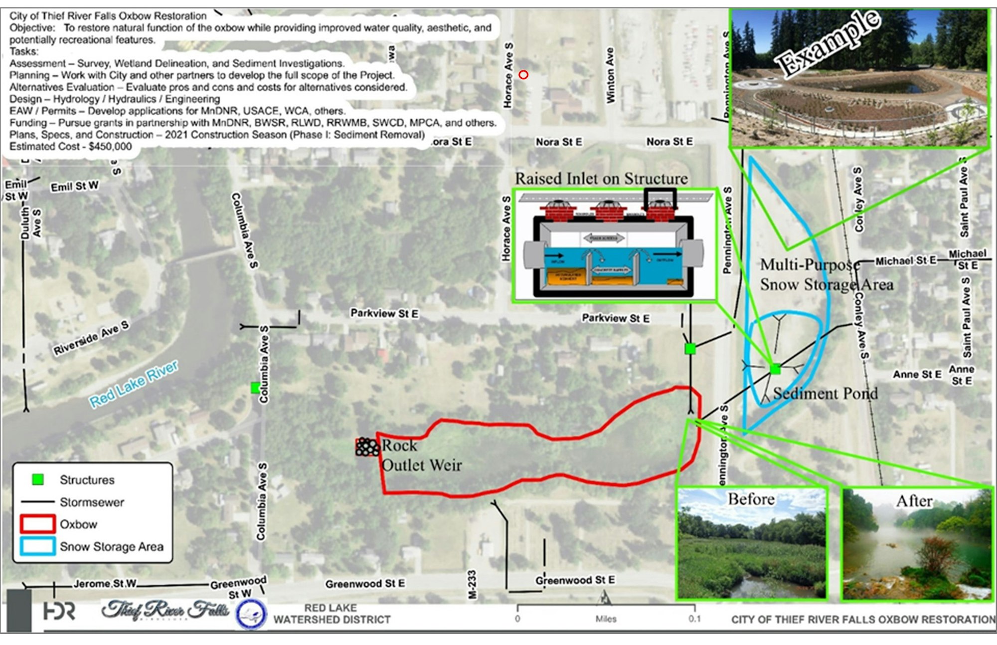 Map of Thief River Falls Oxbow Restoration project showing structures, snow storage, sediment pond, storm sewer, and river.