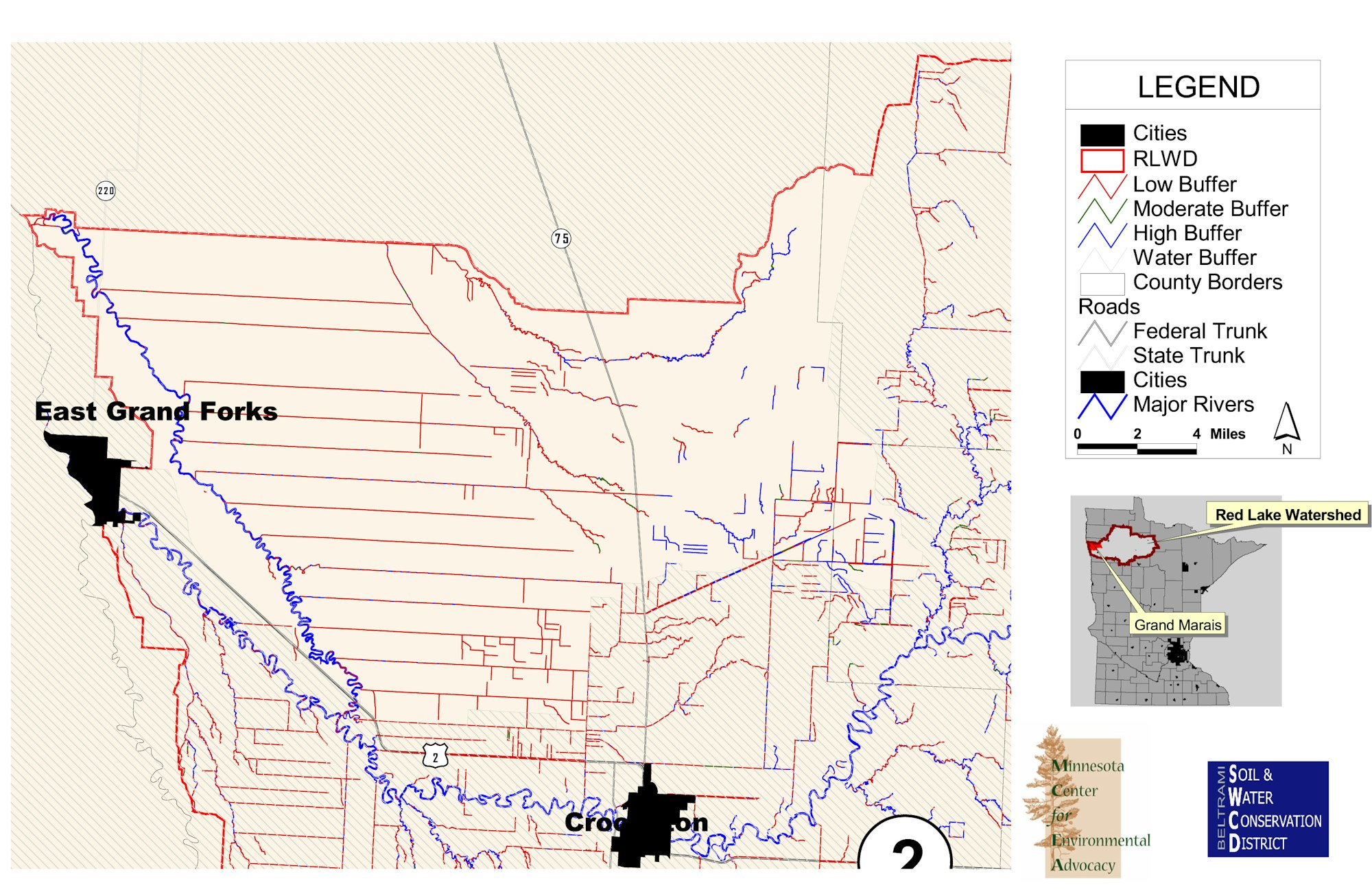 Map of the Red Lake Watershed showing cities, roads, buffers, and rivers, with East Grand Forks and Crookston labeled.