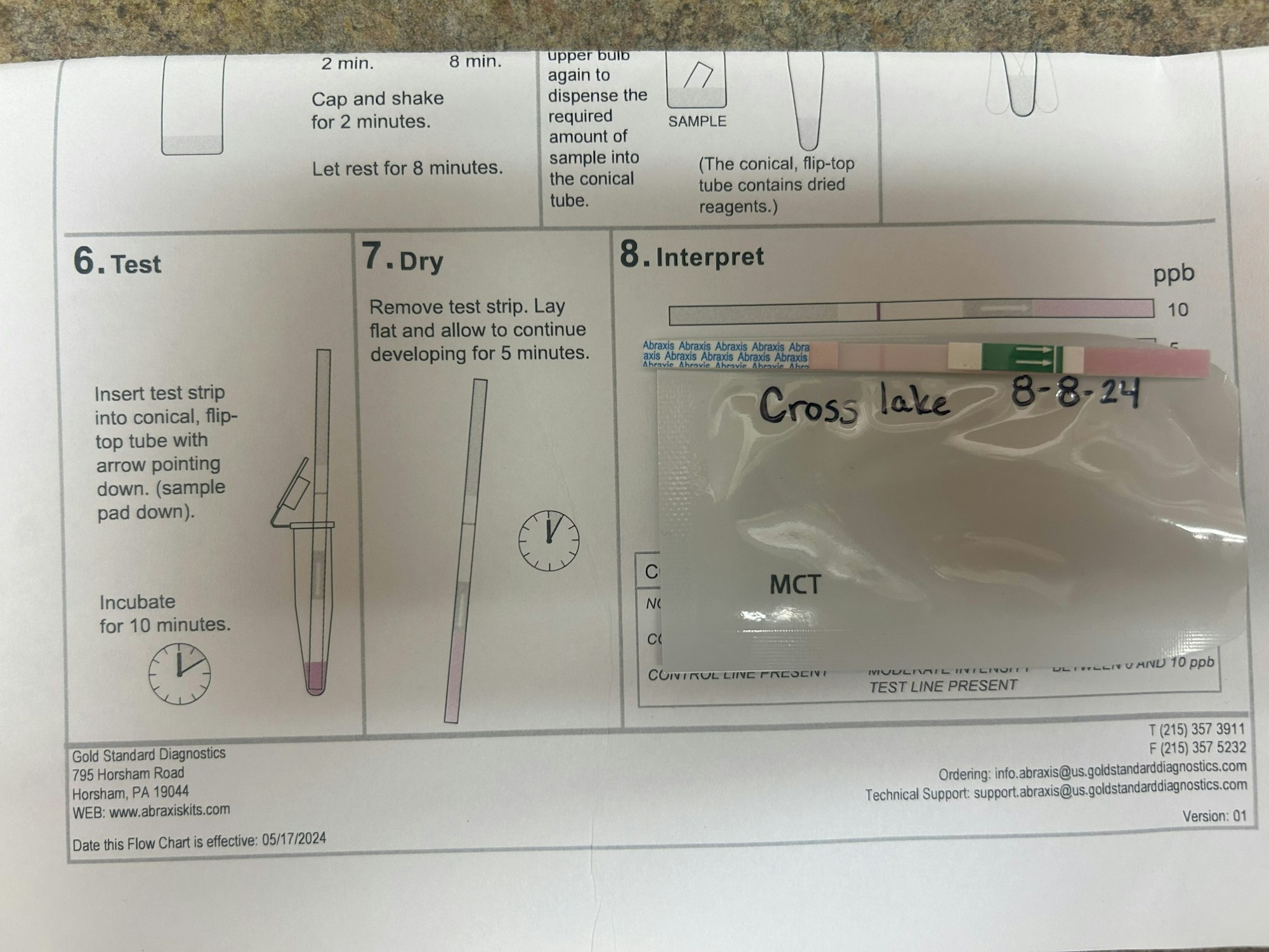 Instructions and a test strip labeled "Cross lake 8-8-24" for conducting a diagnostic test.