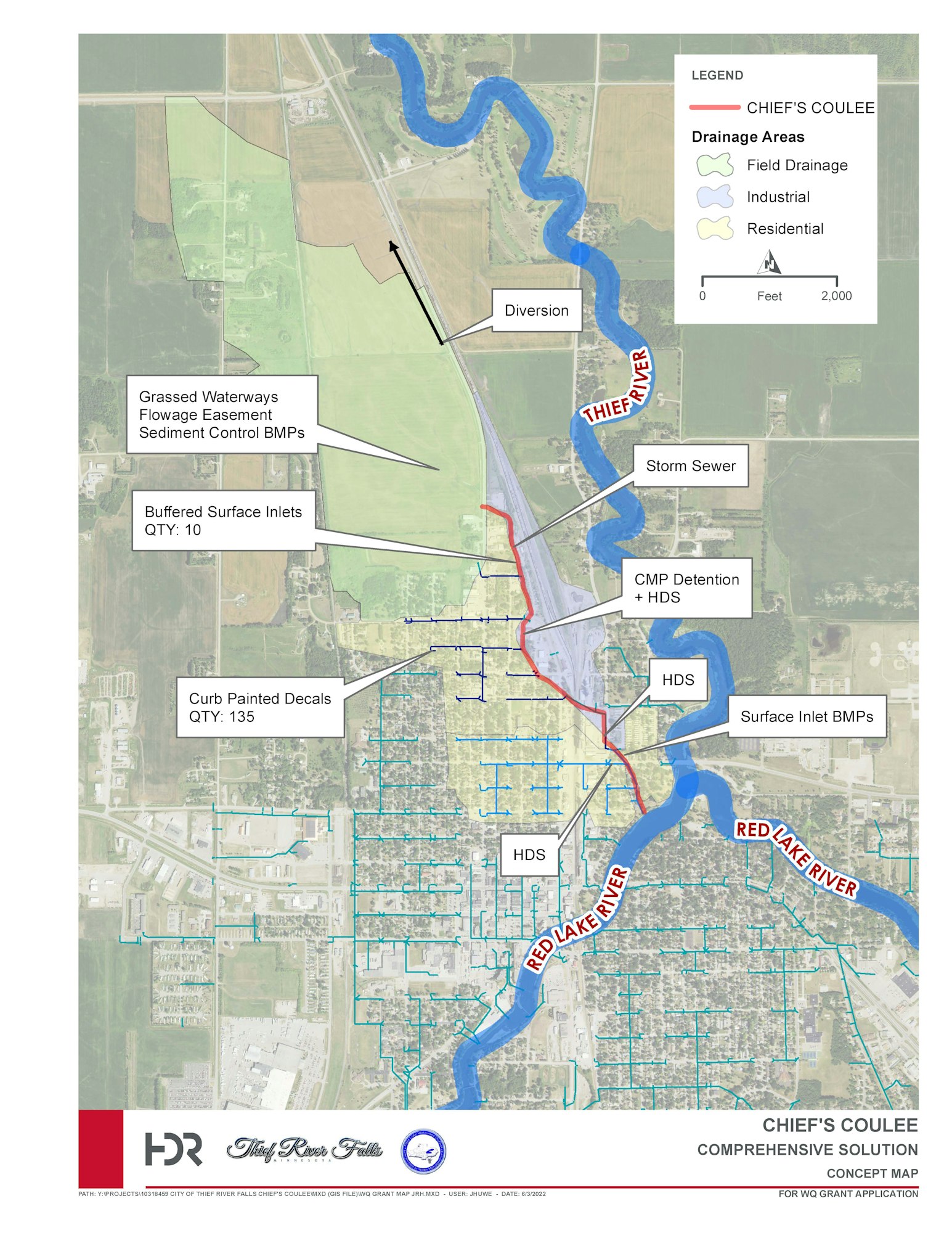 Map of Chief's Coulee: shows drainage areas, field and residential zones, storm sewers, and various BMP sites in Thief River Falls.