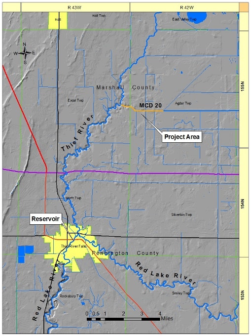 Map showing a project area in Marshall County, highlighting rivers, a reservoir, and township boundaries.