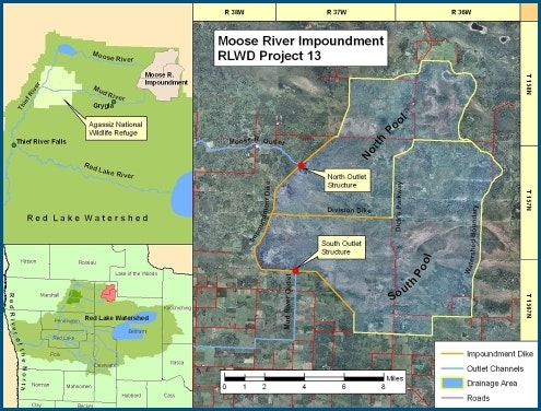 Map of Moose River Impoundment Project 13 showing pools, outlet structures, dikes, channels, and location within the Red Lake Watershed.