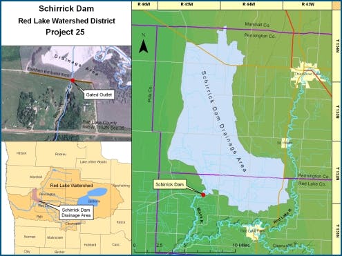 Map of Schirrick Dam location, drainage area, Red Lake Watershed District, Project 25 details, with close-up and regional views.