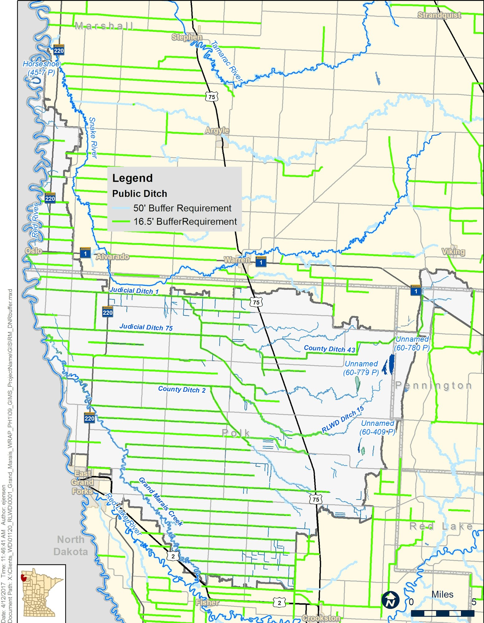Map showing public ditches with buffer requirements in parts of Minnesota, highlighting rivers, roads, and county boundaries.
