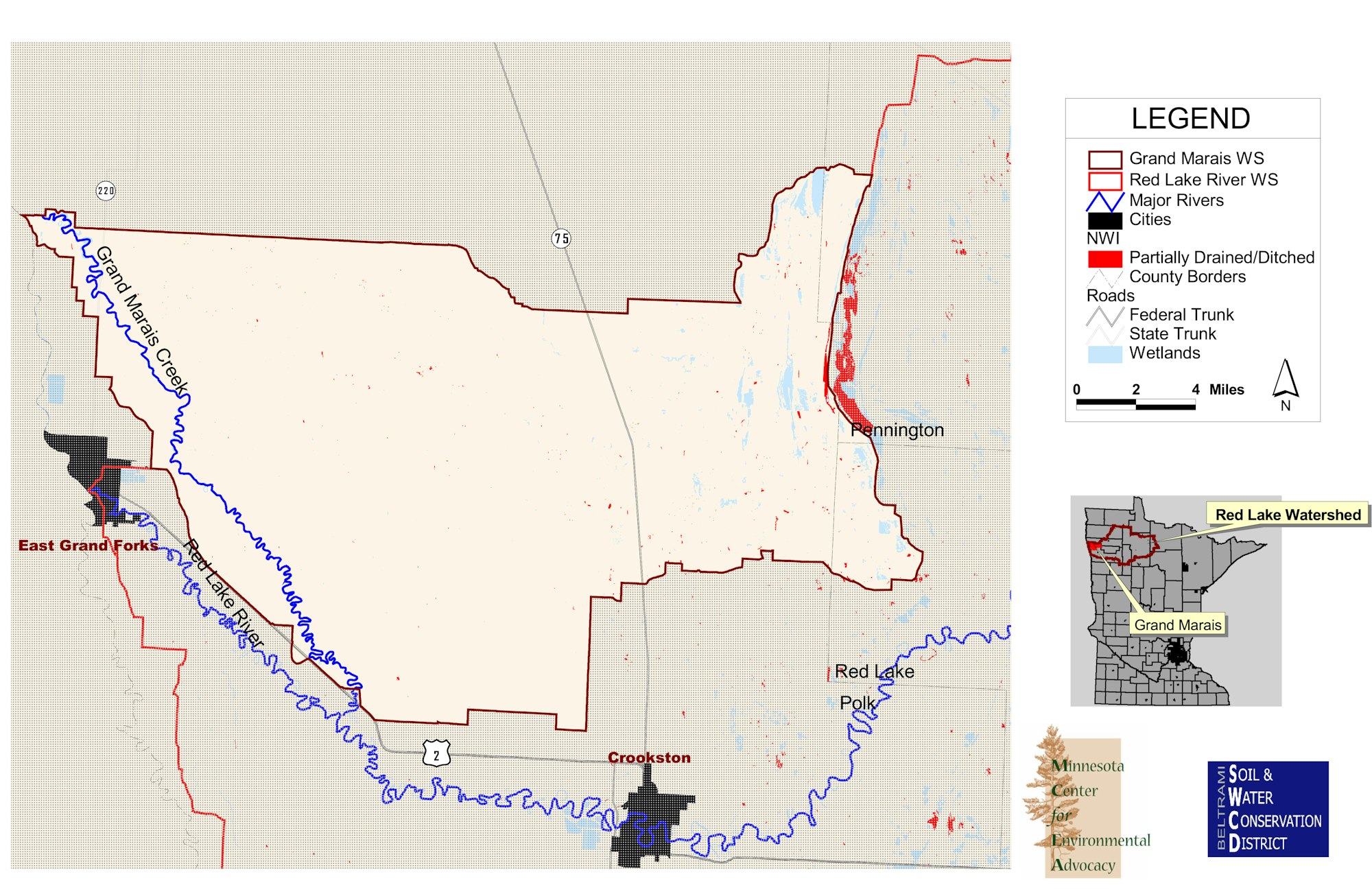 Map of Grand Marais watershed area, showing rivers, cities, wetlands, roads, and county borders, with a legend and inset location map.