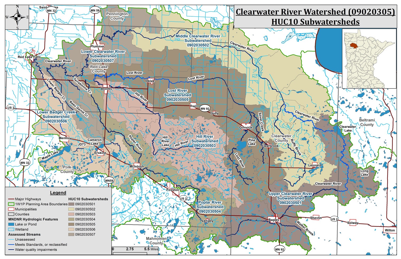 Map of Clearwater River Watershed displaying HUC10 subwatersheds with highways, streams, lakes, and planning area boundaries.