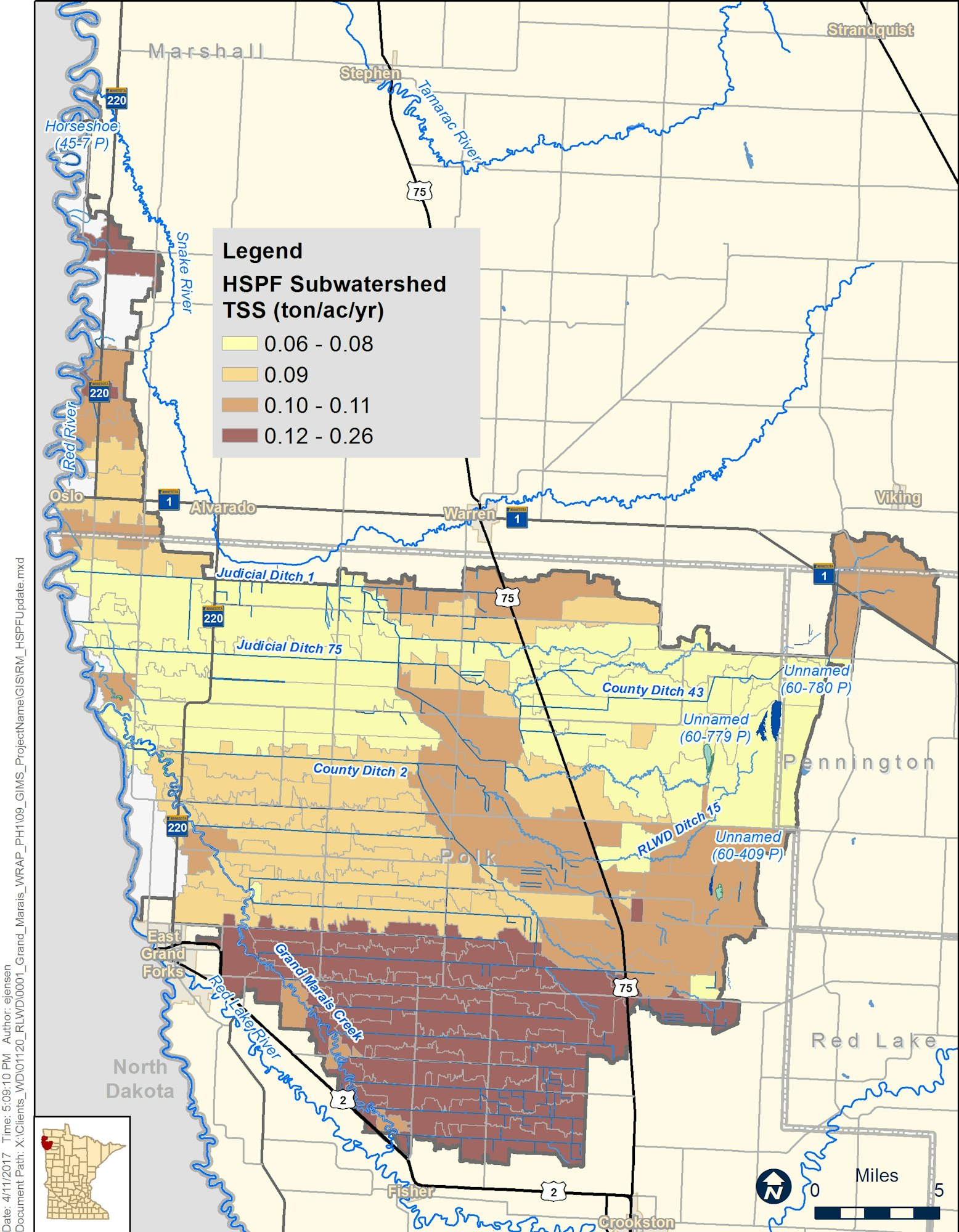 Map showing HSPF Subwatershed TSS in Minnesota with color-coded regions indicating tons/acre/year.