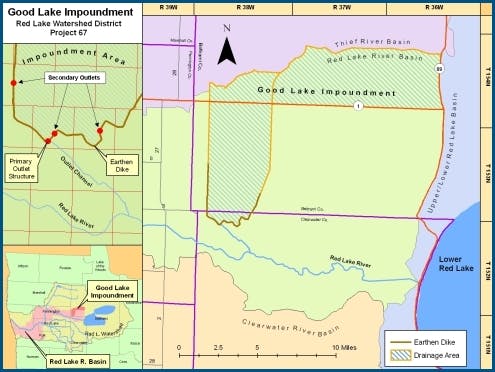 Map of Good Lake Impoundment in Red Lake Watershed District, showing basins, dikes, drainage areas, and key structures.