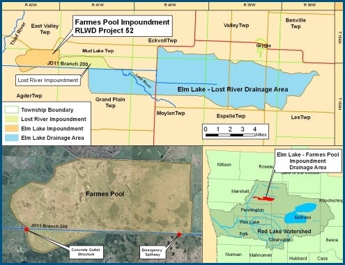 Map of Farmes Pool Impoundment, Lost River, and Elm Lake Drainage Areas with township boundaries and satellite view.