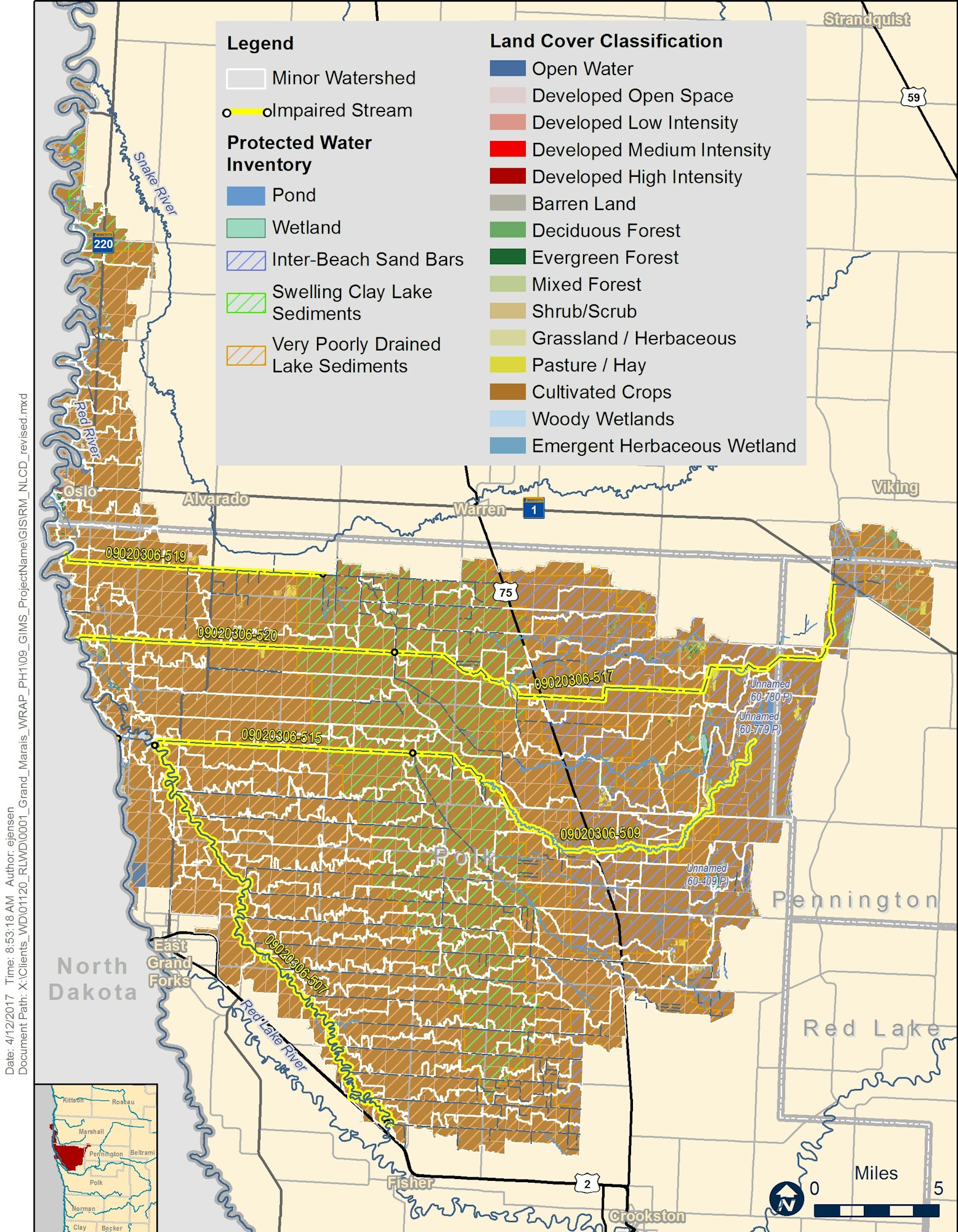 Map showing land cover classifications and watersheds in parts of Minnesota and North Dakota. Legend details various terrain types.