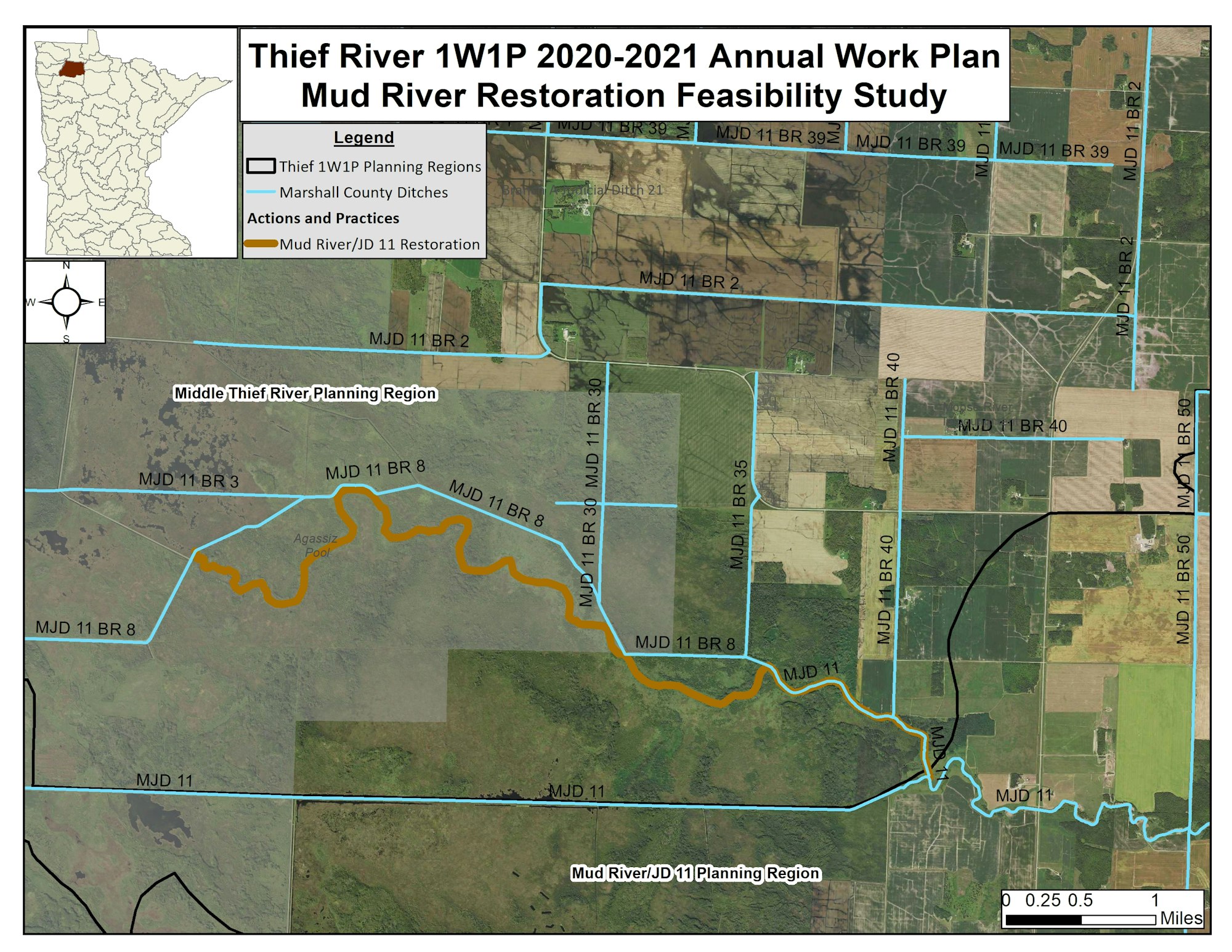 Map of Thief River 1W1P, highlighting Mud River restoration areas and planning regions with ditches marked.