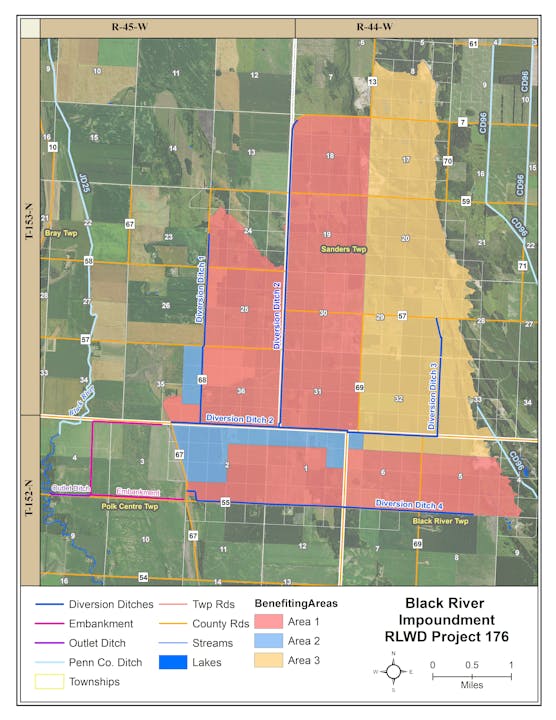 Map of Black River Impoundment showing diversion ditches, embankments, outlet ditches, and benefiting areas in three colors.