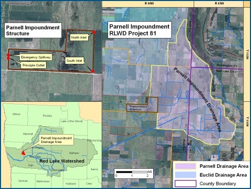 Map of Parnell Impoundment RLWD Project 81, showing drainage and county boundaries within the Red Lake Watershed area.