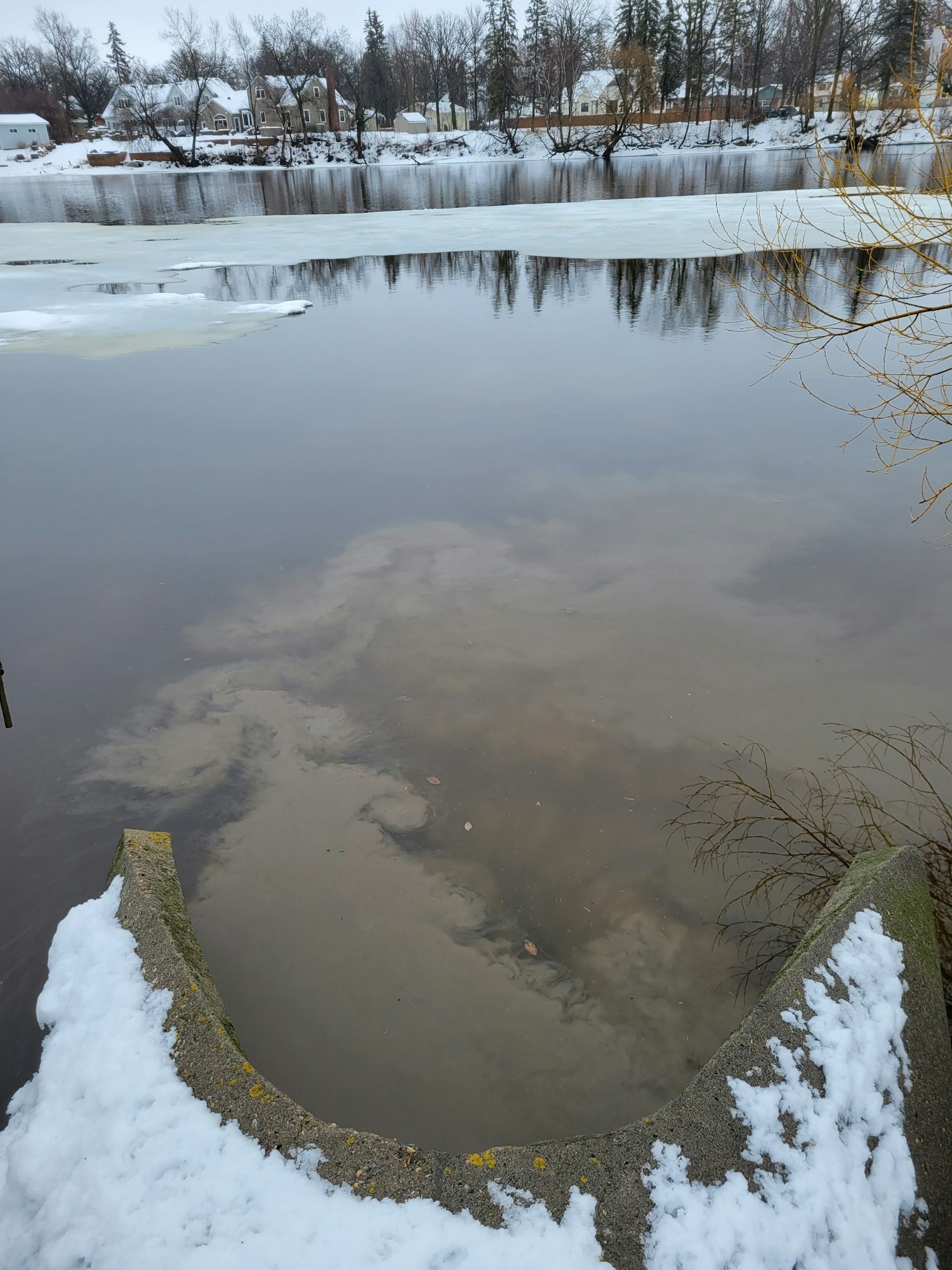 Snowy riverbank with partially frozen water; houses and trees in the background.