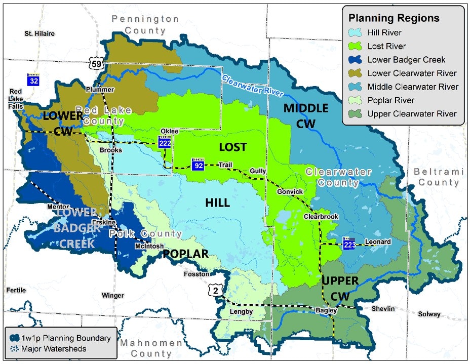 The image is a map showing Clearwater Comprehensive Watershed Management Plan planning regions which are based on HUC10 level subwatersheds of the Clearwater River major watershed. County boundaries, state roads, towns, and rivers are also shown. The subwatershed planning regions are: Upper Clearwater River, Middle Clearwater River, Lower Clearwater River, Lost River, Hill River, Poplar River, and Lower Badger Creek.