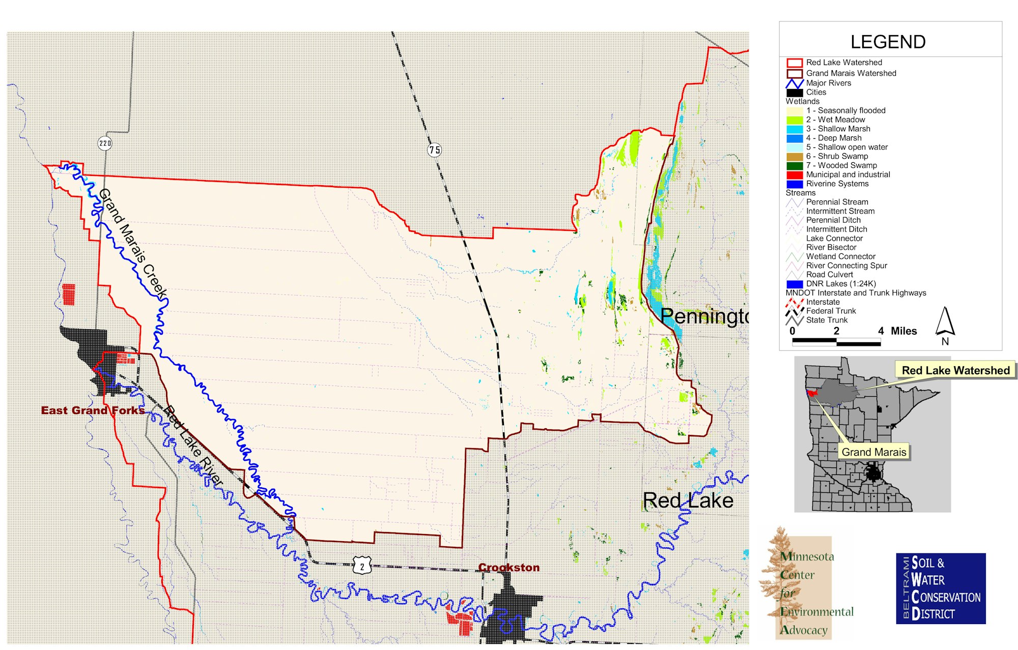 Map of the Red Lake Watershed in Minnesota, showing rivers, cities, wetlands, highways, and watersheds with a detailed legend.