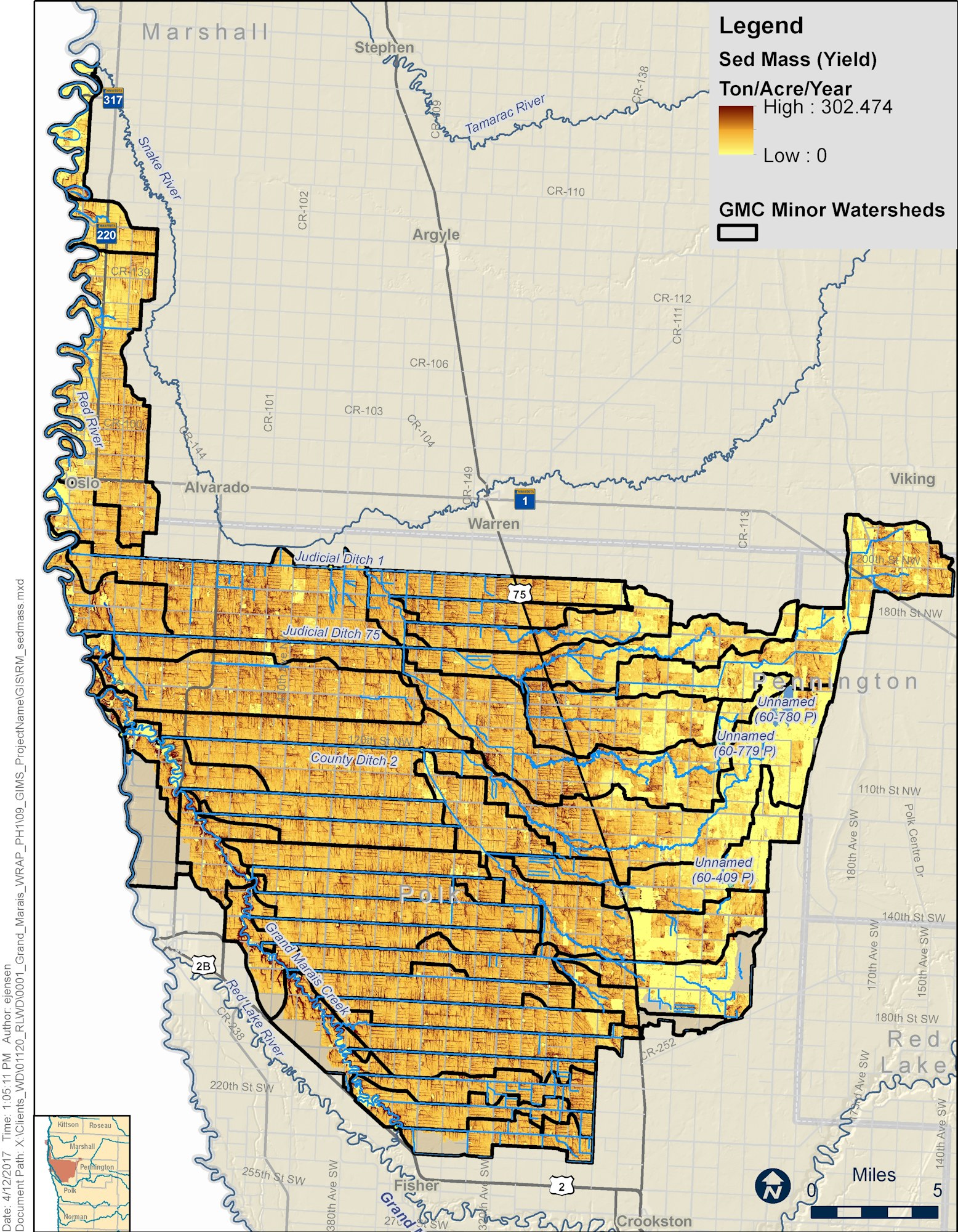 A sediment yield map of a watershed area, with color gradients indicating sediment mass in tons per acre per year.
