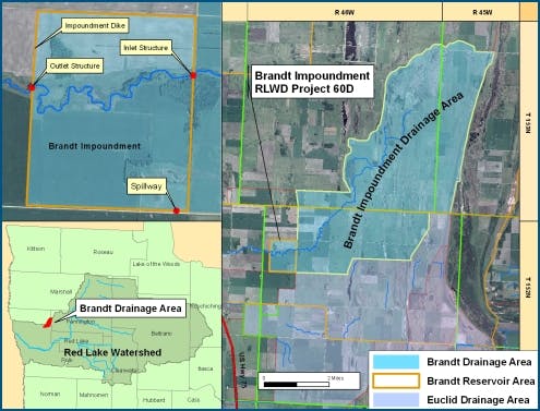 Map of Brandt Impoundment and drainage areas, highlighting Red Lake Watershed and specific project areas with detailed labels.