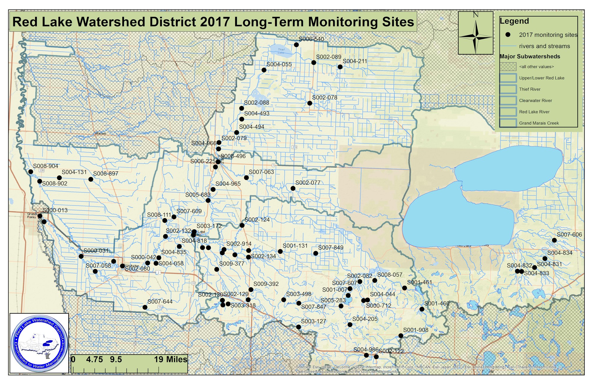 Map of Red Lake Watershed District 2017 monitoring sites, showing rivers, streams, and major subwatersheds.