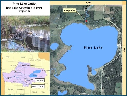 Map of Pine Lake Outlet, Red Lake Watershed with inset photo, project markers, and lake, showing surrounding area and boundaries.