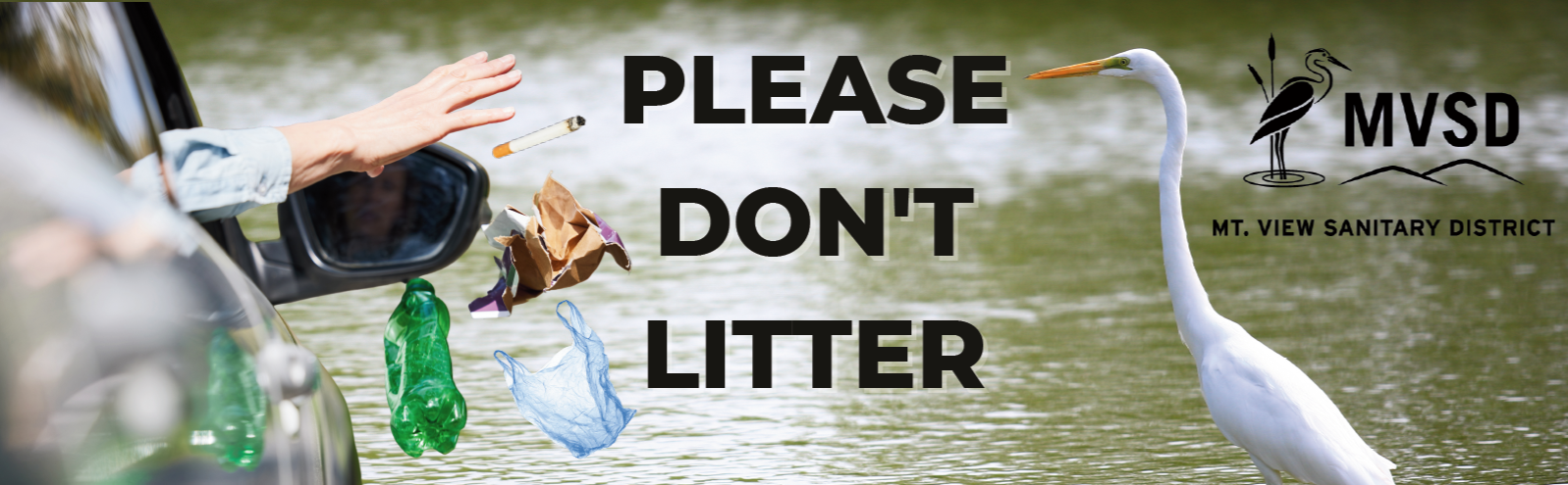 An anti-littering ad showing a hand tossing trash out of a car window and a heron beside the words "PLEASE DON'T LITTER."