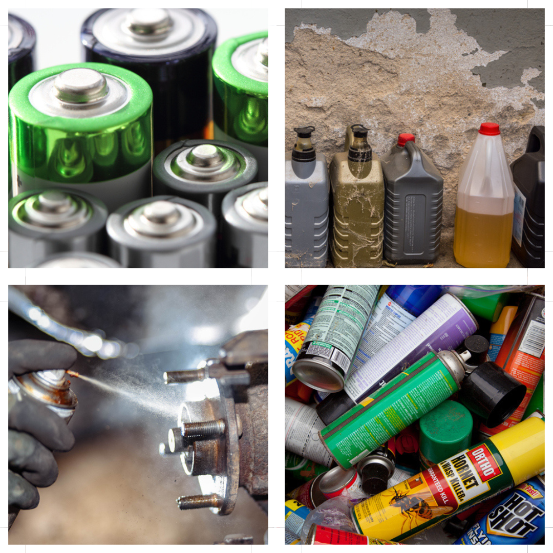 batteries, oil jugs, spraying engine cleaner, pesticide cans