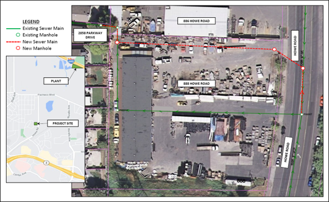 Map showing sewer main and manhole locations at 856 Howe Road, 888 Howe Road, and Parkway Drive; includes a project site and plant map.