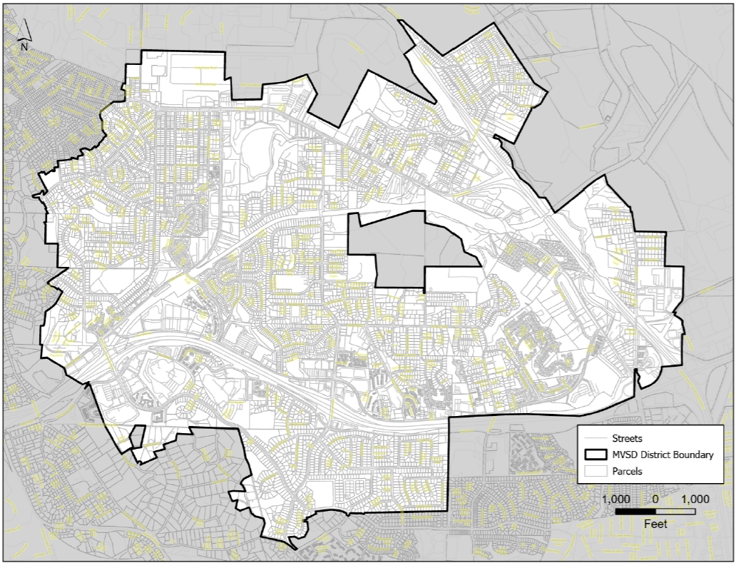 Map showing MVSD district boundary, streets, and parcels.