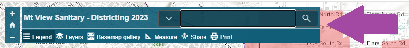Interface of a GIS mapping tool with options for legend, layers, basemap, measuring, sharing, and printing.