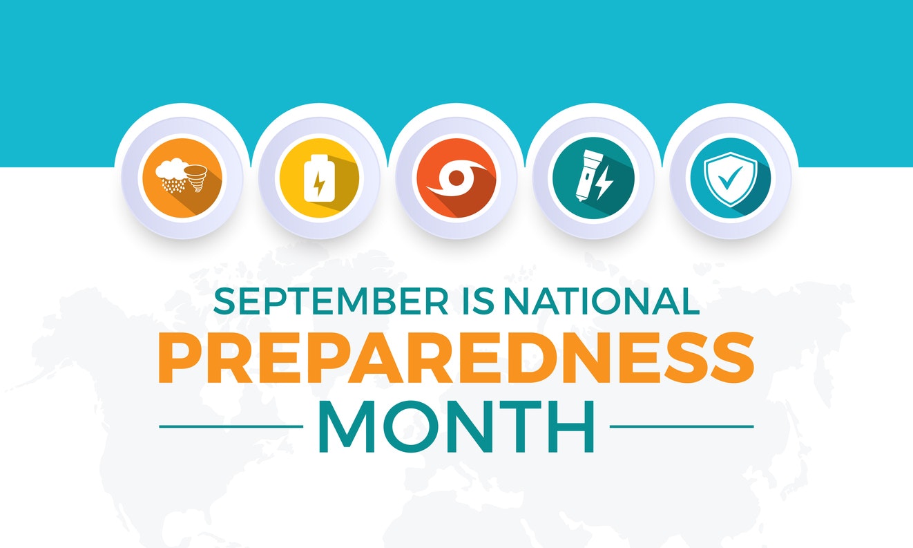 "September is National Preparedness Month" with icons of weather, battery, hurricane, flashlight, and shield.