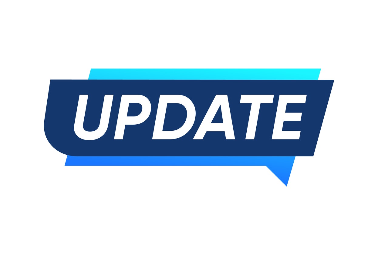 The image features the word "UPDATE" in bold blue text on a speech bubble background.