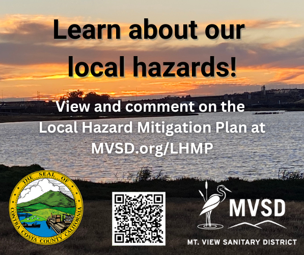 A flyer promoting awareness of local hazards with a sunset background, a URL, a QR code, and two logos.