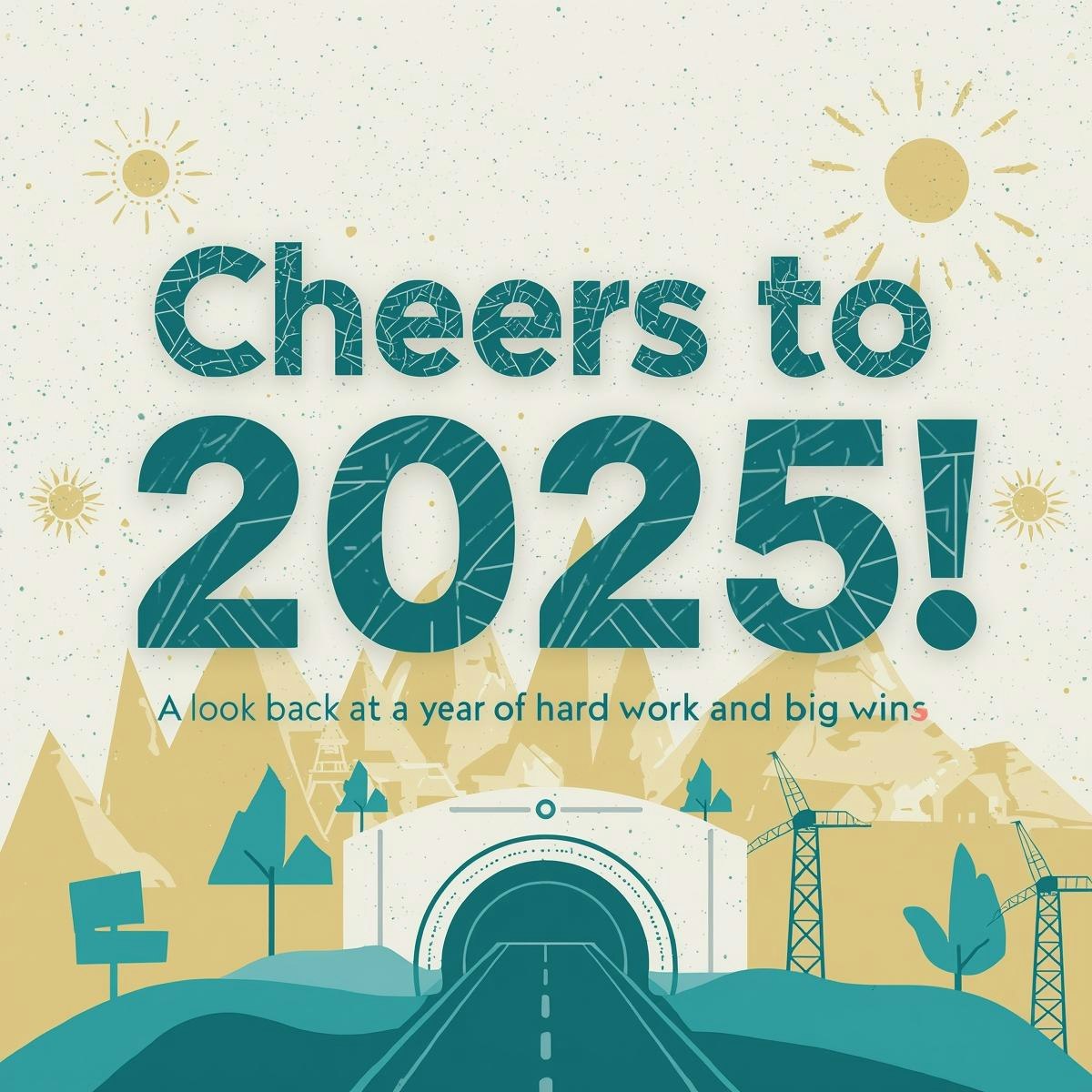 A graphic celebrating the year 2025, highlighting hard work and accomplishments with a scenic design and cheerful message.